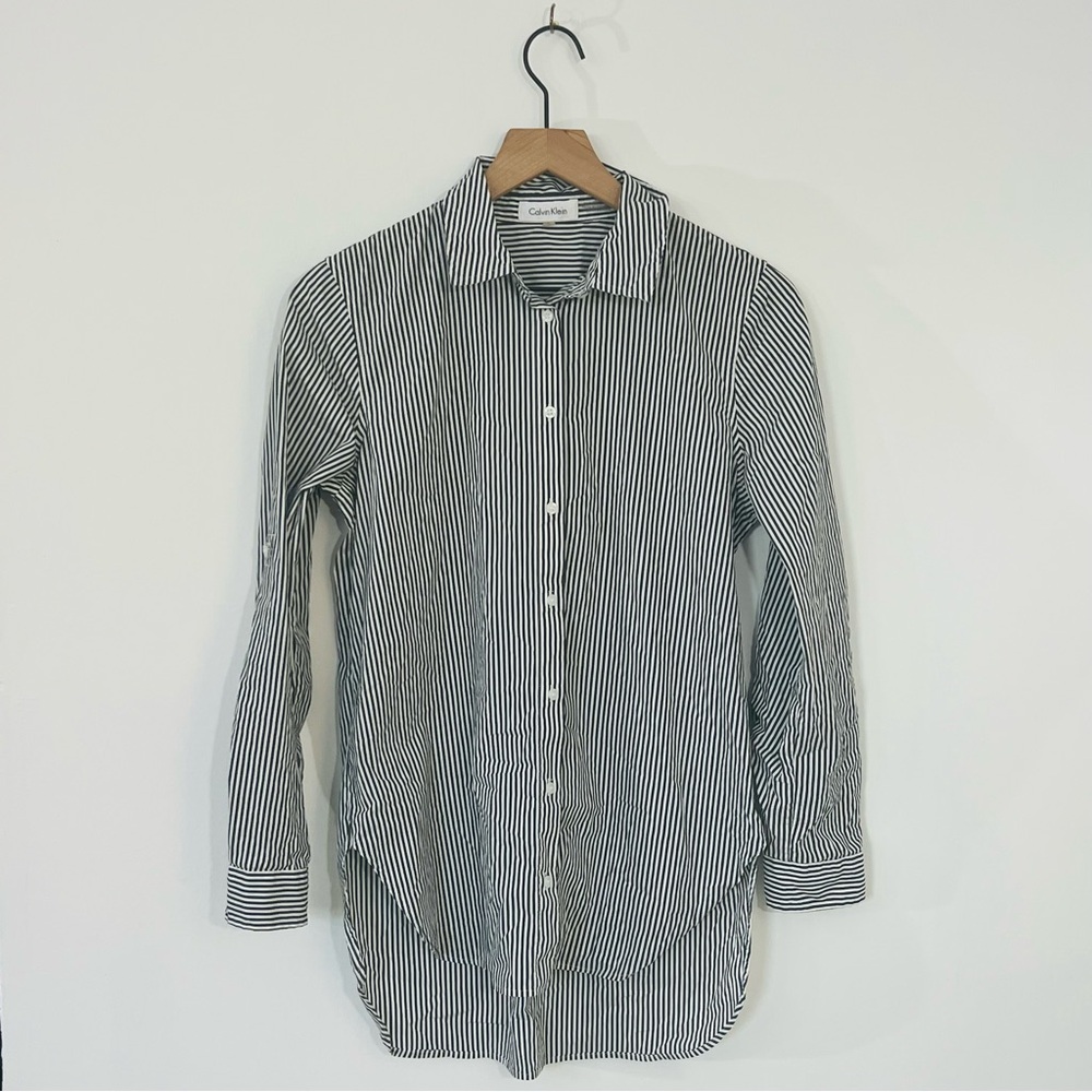 Calvin Klein Long Roll Tab Sleeves Striped Collared Button Down Classic Workwear